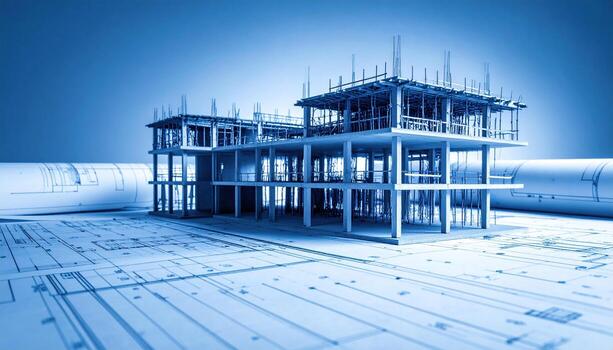 A building is shown on top of blueprints photo