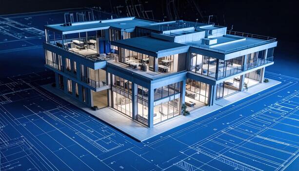 Architecture and construction 3d rendering of a modern house on a blueprint photo