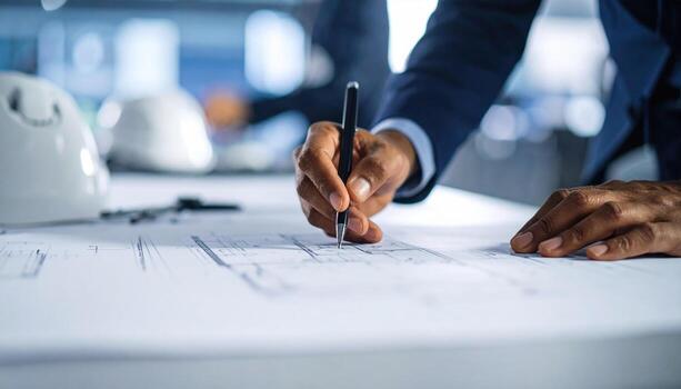 Business professional hand meticulously sketches architectural plans on large sheet of paper, showcasing precision and creativity in design. atmosphere is focused and professional photo