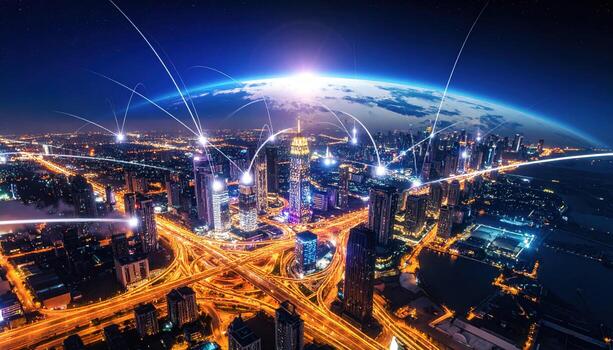 The city is illuminated by the light of the earth and the network of the internet is connected to photo