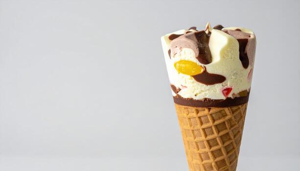 Delicious ice cream cone topped with swirls of chocolate and vanilla, featuring colorful candy pieces, ready to delight photo