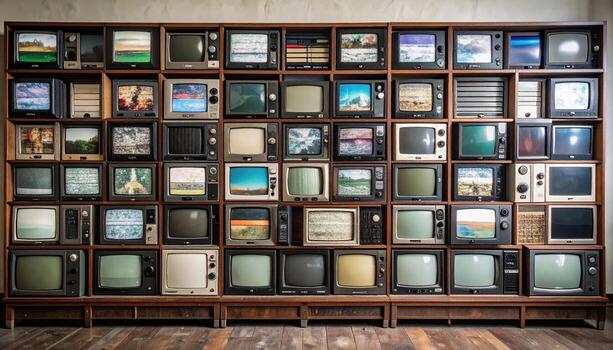 Collection of vintage televisions arranged in grid, showcasing various screens displaying different images. nostalgic display evokes memories of past eras and evolution of technology photo