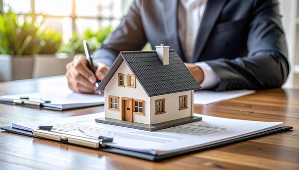 House model sits proudly on desk of real estate agent, surrounded by neatly organized documents, symbolizing professionalism and dedication in property market photo