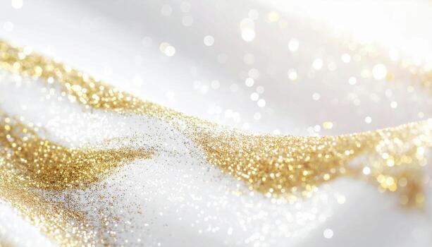 Shimmering canvas of white and gold, featuring gentle waves and sparkling particles that evoke sense of elegance and beauty photo