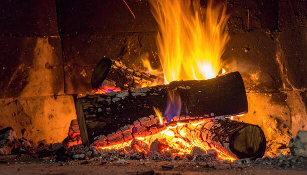 Mesmerizing display of flames and glowing embers as logs burn brightly in fireplace, creating warm and inviting atmosphere photo