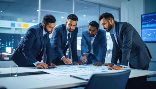 Business professionals collaborate in modern conference room, analyzing intricate data on large document. Their focused expressions reflect determination and teamwork photo