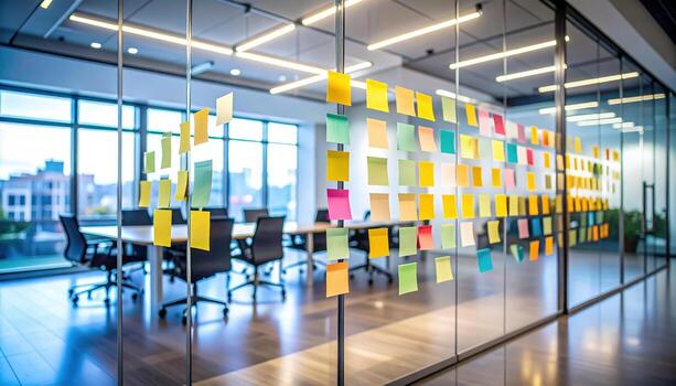 A glass wall with sticky notes on it photo