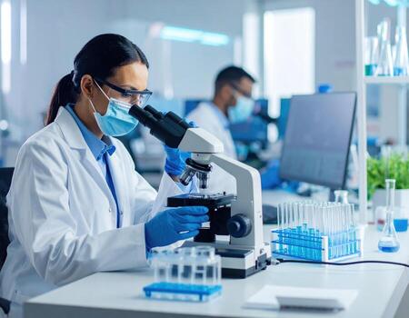 A woman in a lab coat is looking at a microscope photo