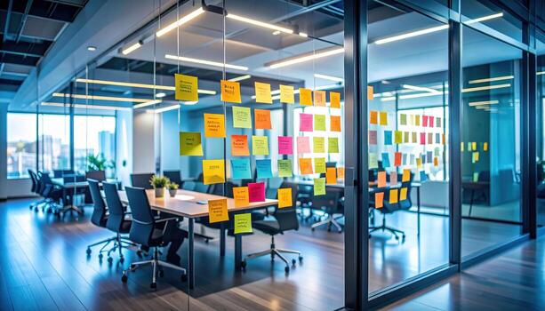Modern meeting room features glass walls adorned with colorful sticky notes, creating vibrant and creative atmosphere. sleek design is complemented by natural light streaming in, enhancing photo