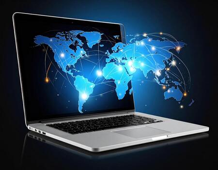 Modern laptop displaying world map with glowing interconnected lines, symbolizing global connectivity and technology. sleek design and vibrant colors evoke sense of innovation and communication photo