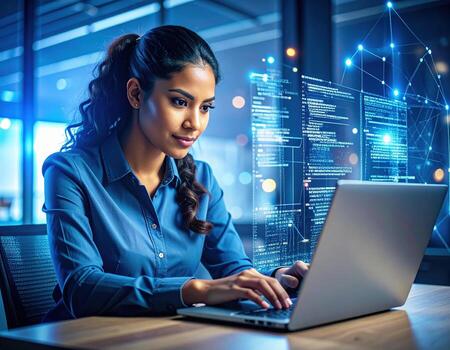 Focused tech enthusiast engrossed in coding, working on sleek laptop in modern office, crafting lines of code with high fidelity photo