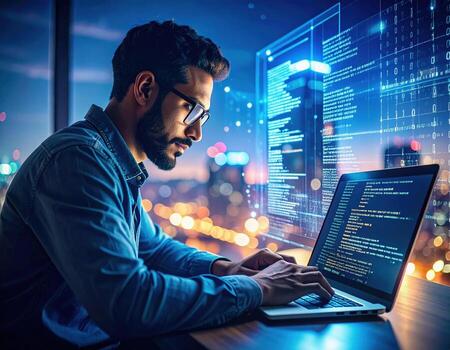 Tech wizard engrossed in coding, hunched over sleek laptop, crafting lines of code with high fidelity in modern office at night photo