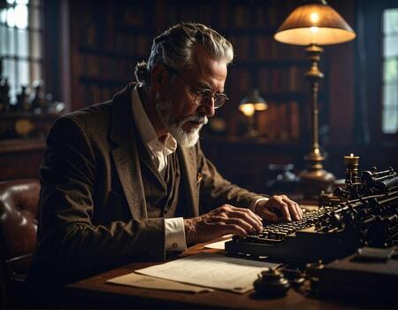 An old man in a suit is typing on an old typewriter photo