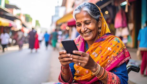 An elderly woman in sari smiling while using her cell phone photo