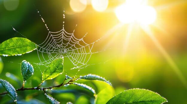 A spider web sits on a leaf with the sun shining through photo