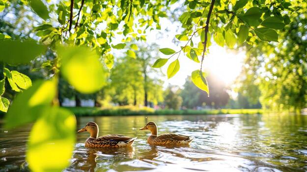 dos patos nadando en un estanque rodeado por arboles foto