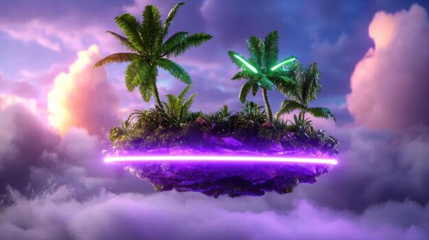surreal dreamscape of floating islands with palm trees and neon lights photo