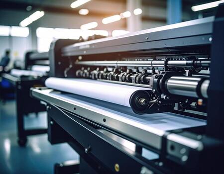 High fidelity printing press machine with roll of paper being fed through, showcasing advanced technology and precision in modern printing environment photo