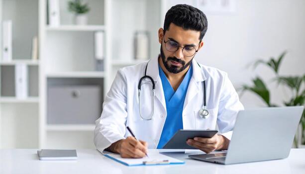 Physician in white coat is focused on his work in modern office, using tablet and taking notes. environment is clean and professional, reflecting commitment to patient care and precision photo