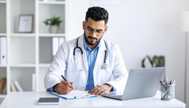 Physician in white coat sits at desk, focused on writing notes. modern office features laptop, notepad, and plant, creating professional and calm atmosphere photo