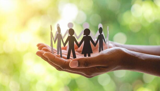 Empowering hands hold vibrant paper cutouts of diverse individuals united in harmony, symbolizing community, support, and togetherness in beautiful natural setting photo
