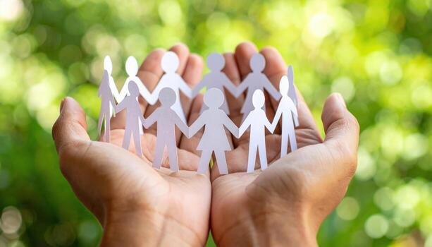 United individuals hold hands in vibrant display of unity and support, symbolizing togetherness and community. This captures essence of collaboration and connection photo