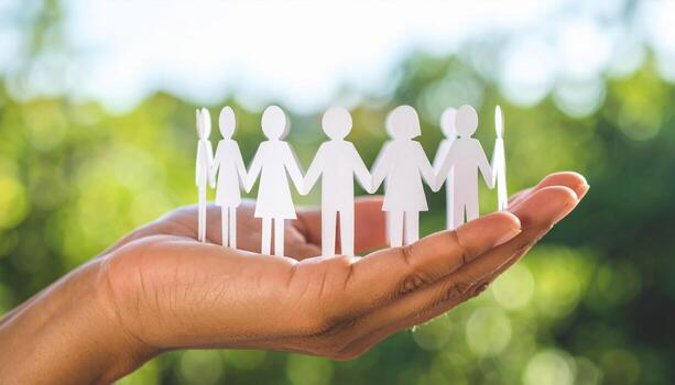 United individuals stand together on open palm, symbolizing unity and diversity. This vibrant scene captures essence of community and collaboration in harmonious setting photo