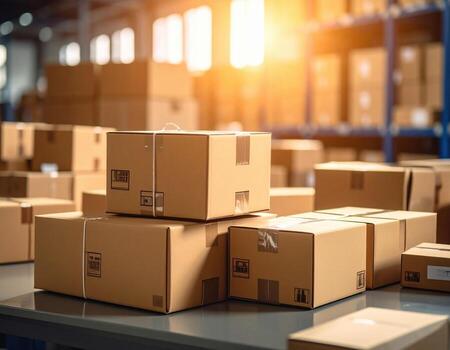 Efficient packing and organization of cardboard boxes in warehouse setting, illuminated by warm sunlight, creates productive atmosphere for shipping and logistics photo