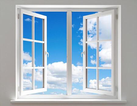 Beautiful open window reveals stunning view of blue sky adorned with fluffy white clouds, inviting sense of tranquility and freshness into room photo