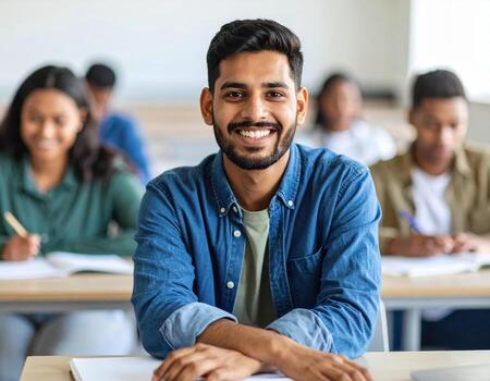 Smiling male student sitting in university classroom, engaged and focused on learning. atmosphere is positive and collaborative, with classmates in background photo
