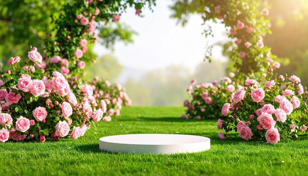Serene garden scene features circular platform surrounded by blooming pink roses, set against lush green grass backdrop. soft sunlight creates warm and inviting atmosphere, perfect for events photo