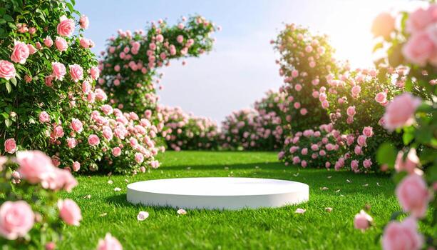 Serene garden scene features circular platform surrounded by blooming pink roses, set against vibrant green grass backdrop. sunlight creates warm and inviting atmosphere, perfect for events photo