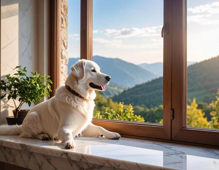 White dog rests peacefully on marble window sill, gazing out at scenic view of rolling hills and mountains. warm sunlight enhances serene atmosphere, creating tranquil moment photo