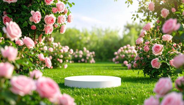 Serene garden scene features circular platform surrounded by blooming pink roses and lush green grass, creating tranquil and inviting atmosphere perfect for events or displays photo