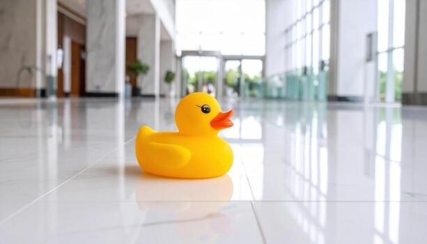 A rubber duck sits on the floor in a large room photo