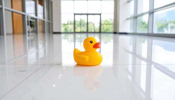 A rubber duck sits on a white floor in an office photo
