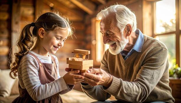 Grandparent and grandchild happily play with wooden block toy, sharing moment of pure joy and connection indoors. Their laughter fills cozy home, creating warm and cherished family memory photo