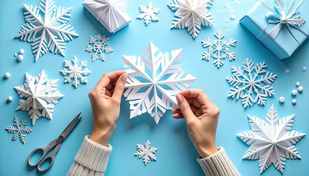 Joyful hands delicately create beautiful paper snowflake, surrounded by an array of white winter holiday decorations on soft blue background. Creative crafting scene brings festive cheer photo
