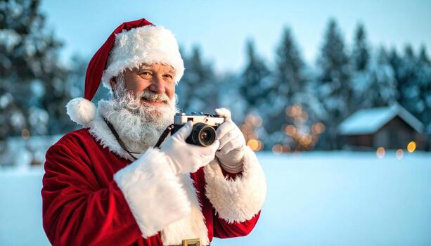 Santa Claus with camera makes you feel joy of Christmas, capturing every moment of day, creating precious memories in winter wonderland photo