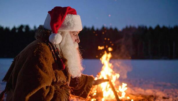 Man dressed as Santa Claus appears contented while tending crackling fire against snowy backdrop, evoking feeling of warmth and festive cheer under twilight sky photo