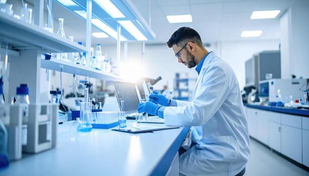 Dedicated medical researcher sterile laboratory setting is focused conducting experiments. researcher, wearing lab coat and gloves, utilizes advanced technology and equipment to analyze samples photo