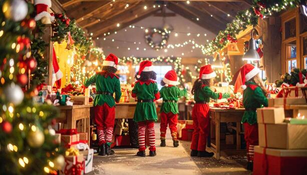 Here description and keywords for image, following all instructions provided Children elf costumes work diligently Santa workshop, preparing gifts with focus and joy, surrounded by festive photo