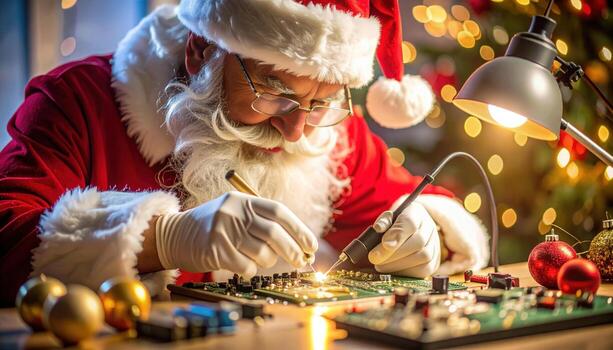 Santa Claus concentrating intently as he repairs circuit board with his solder iron, creating holiday magic with technological expertise photo