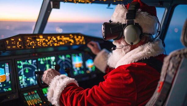 Santa Claus joyfully piloting an airplane using VR headset, immersed in virtual reality experience, skillfully navigating through virtual skies photo