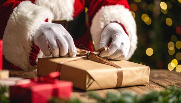 Here description and keywords for image, following all provided instructions Santa delicately ties ribbon gift, anticipating joy it will bring, spreading happiness with care and twinkle his eye photo