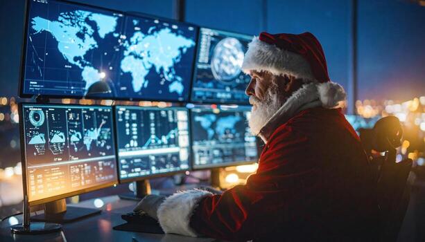 A man wearing a santa hat sitting at a desk with multiple monitors photo