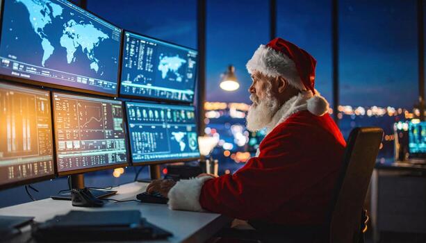 Santa Claus wearing suit at his computer looks thoughtfully at monitor. World map and line of code display on computer screen at control center photo