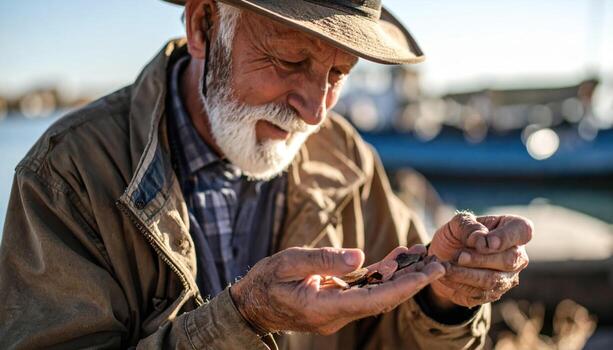 Senior man with long white beard and hat intently observes small objects in his hands, reflecting moment of curious discovery by water photo