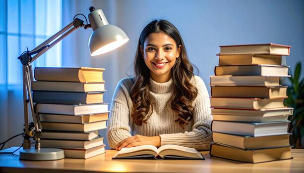 Young female student studies desk with many books, an open textbook, and desk lamp. Her happy, confident expression shows dedication to learning and academic success. setting inspiring education photo