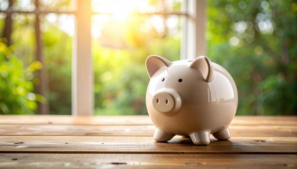 Charming piggy bank patiently gathers savings on rustic wooden surface, symbolizing financial growth and hopeful future. Warm sunlight streams through window, illuminating scene with optimism photo